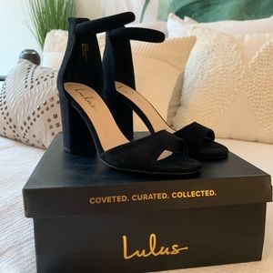 Black suede ankle strap heels